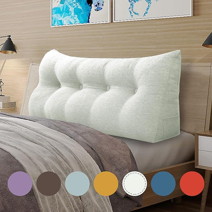 Wedge Headboard Pillow Dorm Room Reading Pillow Back Support for Sitting Up in Bed Bolster Lumbar Cushion Body Positioning Bedrest Cotton Linen 54in Grey-Beige Full