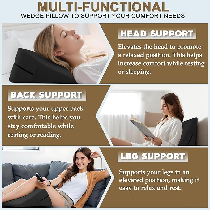 sokoro Bed Wedge Pillow for Sleeping, Triangle Pillow Wedge, Acid Reflux, Gerd, After Surgery, Back Support, Body Positioners for Pregnancy, Adults, Seniors to Elevate Head, Knee, Leg, Black