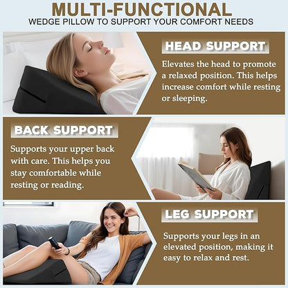 sokoro Bed Wedge Pillow for Sleeping, Triangle Pillow Wedge, Acid Reflux, Gerd, After Surgery, Back Support, Body Positioners for Pregnancy, Adults, Seniors to Elevate Head, Knee, Leg, Black