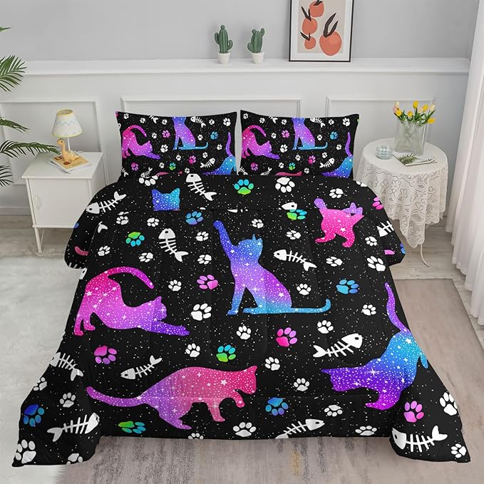Axolotl Kids Gradient Cat Comforter Set King,3Pcs Cute Cats Bedding,Cartoon Paw Fish Bone Print Quilt Set with 1 Comforter 2 Pillowcases,Glitter Stars Bedding for Kids Boys Girls Teens Adults