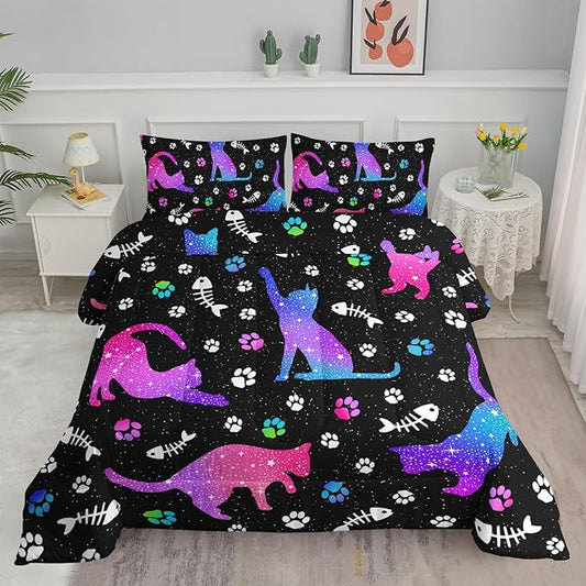 Axolotl Kids Gradient Cat Comforter Set King,3Pcs Cute Cats Bedding,Cartoon Paw Fish Bone Print Quilt Set with 1 Comforter 2 Pillowcases,Glitter Stars Bedding for Kids Boys Girls Teens Adults