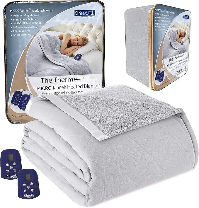 Thermee Micro Flannel Heated Blanket with Sherpa Back, 10-Setting Programmable Electric Blanket, Ultra-Soft King Size Heated Throw - Slate Grey