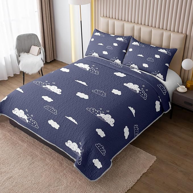 QOOMO Cloud Quilt Set King Size,Blue Cloud Bedspread Coverlet Set,Sky 3Pcs Bedding Set Printed Quilt with 2 Pillowcases,Soft and Lightweight,for All Seasons