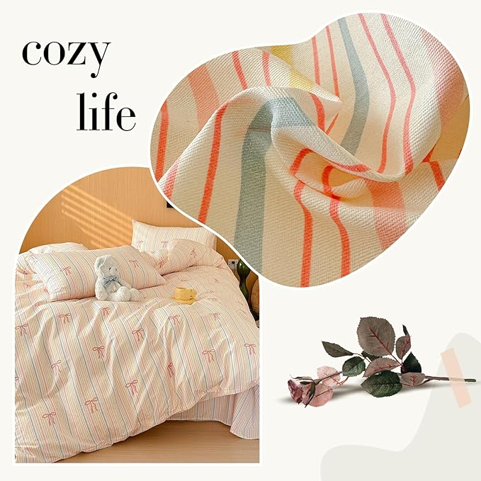 AOJIM Pink Bow Duvet Cover Set 3PCS for Girls Boys, 1 Soft Breathable Cotton Comforter Cover Twin XL Size and 2 Matching Pillowcases, Rainbow Striped Bedding Duvet Cover Set for Room Decor, No Duvet
