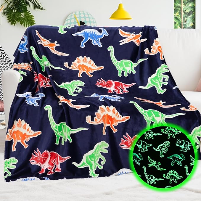 BORORO Glow in The Dark Dinosaur Blanket for Boys - Dinosaur Gifts Toys for Kids 3-12 Year Old, Soft Cozy Cute Kids Dino Blanket Throw Fuzzy Plush Bedding for Bedroom Decor Birthday Present 50"x60"