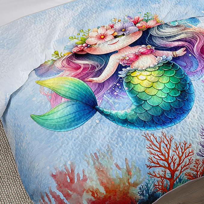 Mermaid Quilted Quilt Twin Bedding Sets for Girls,Cute Mermaid Tail Coral Printed Bedding for Kids Bedroom Glitter Decor,All Season Bed Sets with 2 Pillowcases.
