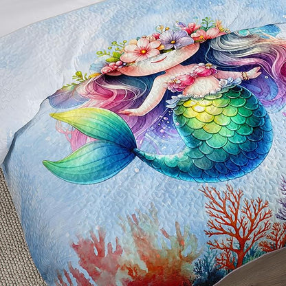 Mermaid Quilted Quilt King Bedding Sets for Girls,Cute Mermaid Tail Coral Printed Bedding for Kids Bedroom Glitter Decor,All Season Bed Sets with 2 Pillowcases.