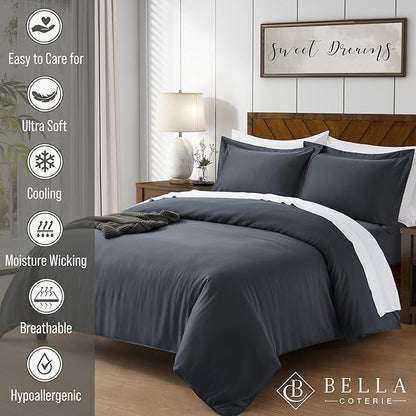 Bella Coterie Luxury Bamboo Viscose Queen Size Duvet Cover Set | 100% Organically Grown | Corner Ties | Ultra Soft | Cooling | Two Pillow Shams | 90 x 94 | No Insert [Charcoal Grey]