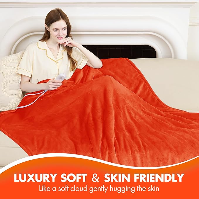 Heated Blanket Full 72" x 84" - Ultra Soft Flannel Heating Blanket with 6 Heating Levels & 10 Hours Adjustable Timer, Fast Heating and Electric Lap Blanket for Office (Orange)
