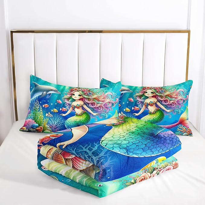 Cute Mermaid Comforter Set Twin Size, Dolphin Coral Seaweed Fish Ocean Theme Bedding Set, Colorful Romantic Room Decor for Girls