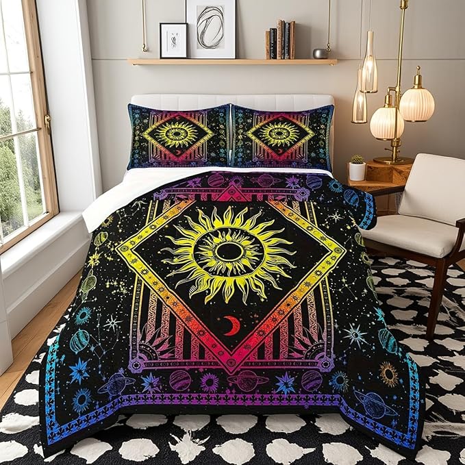 Bohemian Sky Comforter Set Queen Size Psychedelic Gradient Bedding Set for Kids Boys Girls Bedroom Decoration Sun Moon Star Planet Bed Duvet Insert Constellation Comforter with 2 Pillowcase