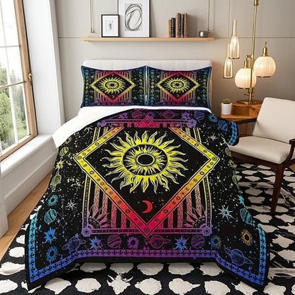 Castle Fairy Psychedelic Galaxy Full Size Comforter Set Sun Moon Star Planet Bedding Set for Kids Adults Teens Mandala Bohemian Comforter Luxury Hippy Hippie Gypsy Quilt Set Room Decor 3Pcs