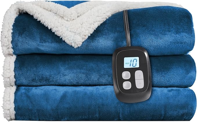 Electric Heated Blanket Twin Size - 62"x84", Soft Flannel Heating Blanket, 10 Heating Levels, 1-12 H Auto Shut Off, Breathable Warm and Washable for Bed, Lake Blue