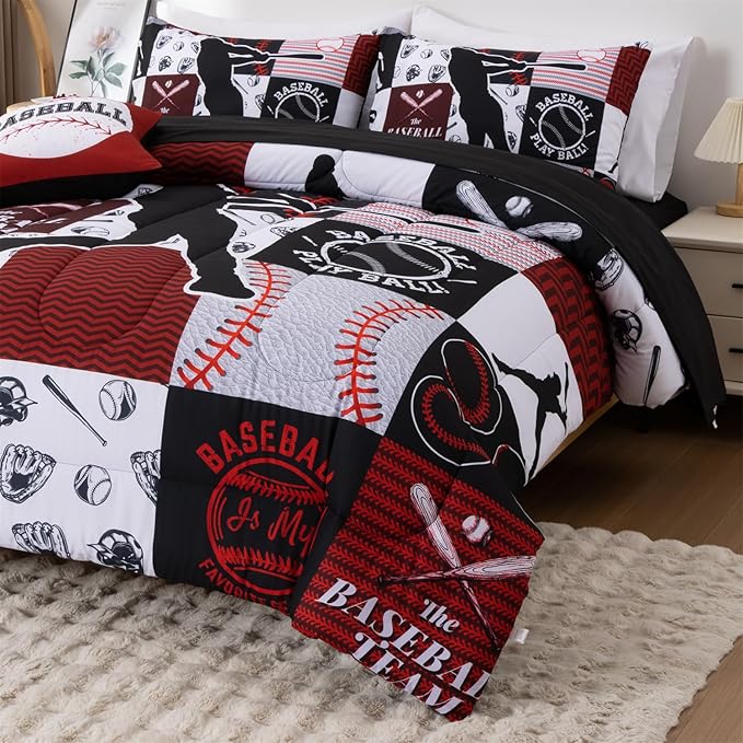 A Nice Night Sports Geometric Grid Black Patchwork Baseball Printed for Boys Fulla 6Pcs Bed in A Bag Comforter Bedding Set, Red
