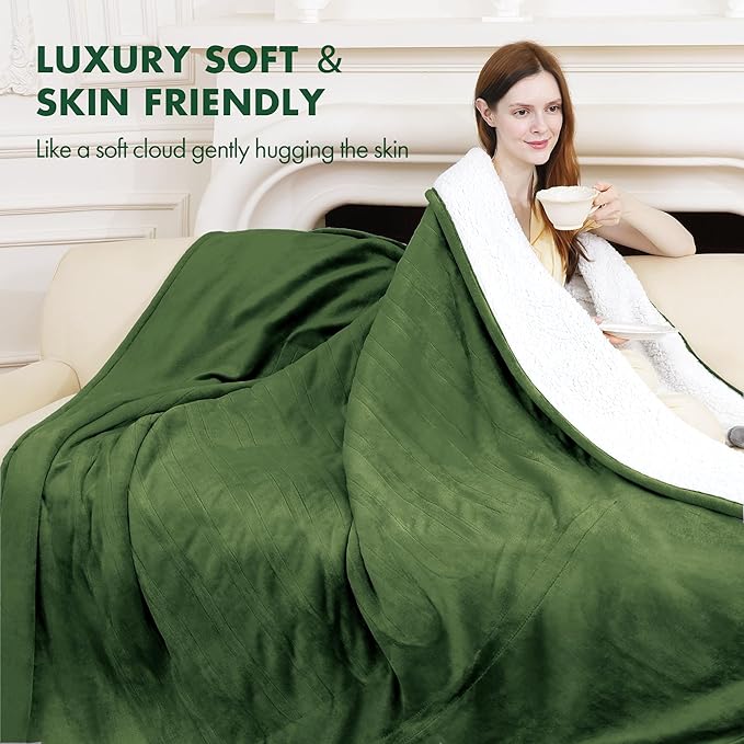 Electric Heated Blanket Twin 62" x 84" - Soft Flannel Sherpa Electric Blanket with 5 Heating Levels & 10 Hours Auto Off, Heating Blanket Twin as a Gift for Grandma and ETL Certified (Green)