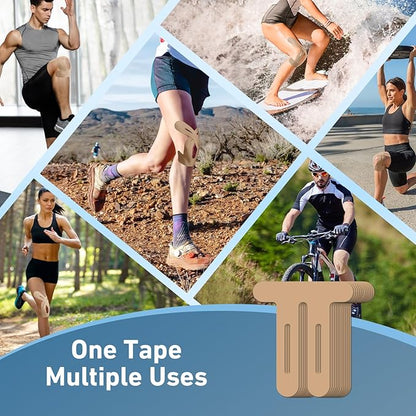 PreCut Kinesiology Tape for Knees, 12 PCS Waterproof KTQUICK Knee Tape for Knee Pain Relief Pre Cut, Original Cotton Athletic Knee Tape, Waterproof & Hypoallergenic Latex-Free for Sports (Beige)
