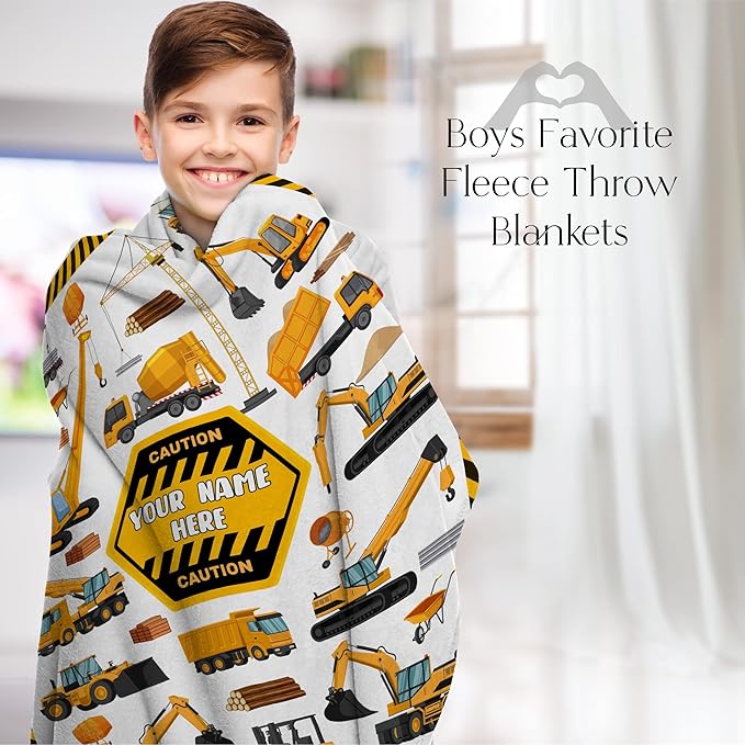 Personalized Truck Blanket - Made in USA and Shipped Next Day - Soft Fleece Construction Excavator Design for Kids & Adults, Toddler Bed or Sofa Throw (60x80 Fleece)