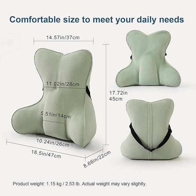 Ergonomic Lumbar Support Pillow – Multi-Functional Back Cushion with Firm Support for Reading, Working & Driving,Celadon Green