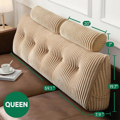 Z-hom Large Wedge Pillow Headboard, Queen Triangular Headboard Pillow, Reading Pillow Bed with a Roll Pillow for Bed Sitting Up Sleeping, Backrest Cushion Headboard Gap Pillow for Back,Beige