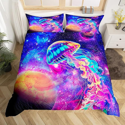 Castle Fairy Purple Galaxy Comforter Cover Queen Size, Mysterious Starry Nebula Planets Print Duvet Cover + 2 Pillowcases, Glowing Jellyfish Bedding Set Universe and Sea Creatures Quilted Duvet, 3pcs