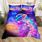 Castle Fairy Purple Galaxy Bedding Set King Size, Universe and Sea Theme Duvet Cover for Children Adult Present, Glowing Jellyfish and Starry Nebula Planets Microfiber Quilted Duvet + 2 Pillowcases