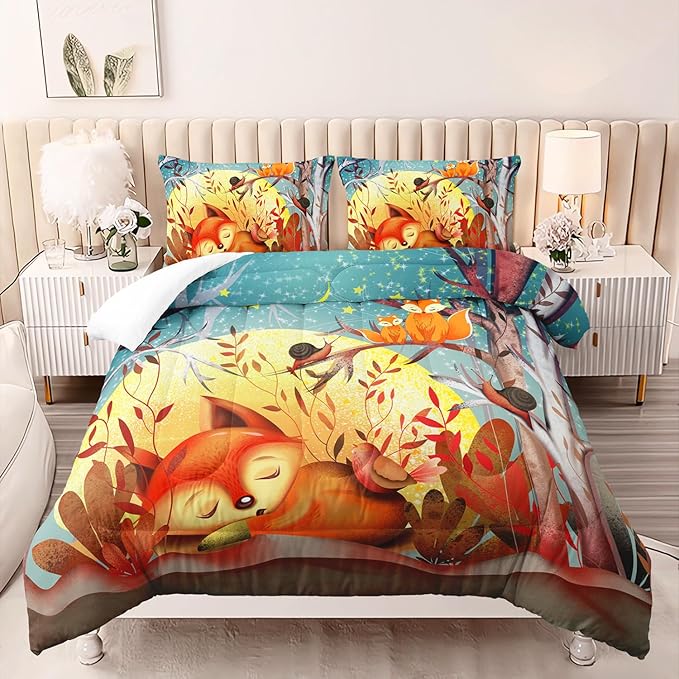 Colorful Cartoon Fox Comforter Set Queen Cute Snails and Birds Pattern Bedding Fox Bedding Set for Kids Boys Girls Moon Trees Quilt Set with 1 Comforter and 2 Pillowcases