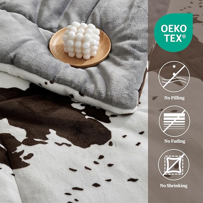 Petrichor Velvet Flannel Queen Comforter Set- Cow Print Western Style Blanket,Luxury Fuzzy Heavy Bedding Set, 3 Pieces Plush Winter Bed Set with Comforter (90"x90") & 2 Pillow Shams (20"x26")