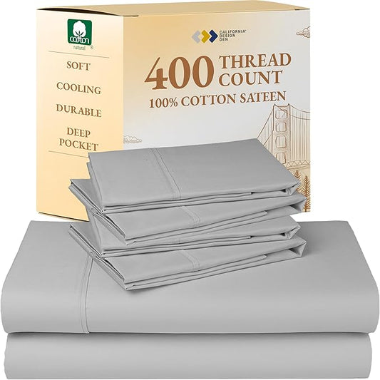 California Design Den 6-Pc Queen Size Sheet Set with 4 Pillowcases - 400 Thread Count 100% Cotton Sheets, Sateen Weave, Deep Pocket Bedsheets Set - Light Grey