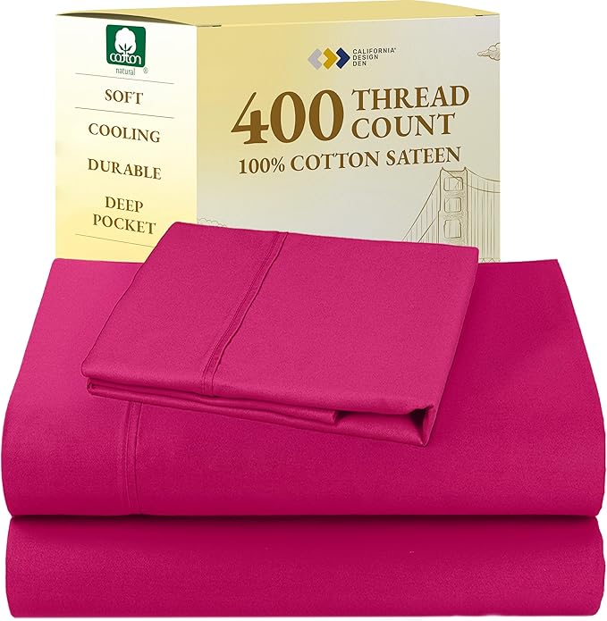 California Design Den Natural 100% Cotton Bed Sheets Twin XL Size Set - 400 Thread Count Sateen, Twin XL Sheets Set, Deep Pockets, All Around Elastic, Durable Bedding for Dorm Room - Hot Pink