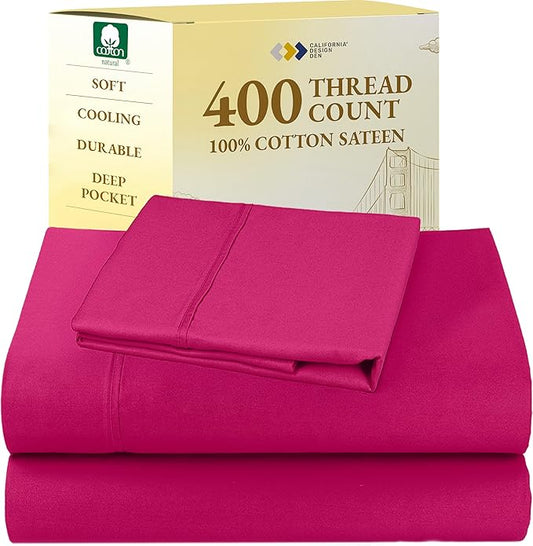 California Design Den Natural 100% Cotton Bed Sheets Twin XL Size Set - 400 Thread Count Sateen, Twin XL Sheets Set, Deep Pockets, All Around Elastic, Durable Bedding for Dorm Room - Hot Pink