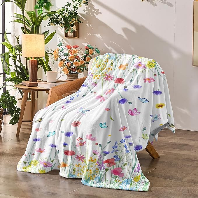 Floral Throw Blanket Birthday Gift for Women Mom Girls Butterfly Flowers Blanket Summer Wildflower Flannel Blanket Watercolor Printed Throw for Couch Sofa Bed Chair 60"x80"