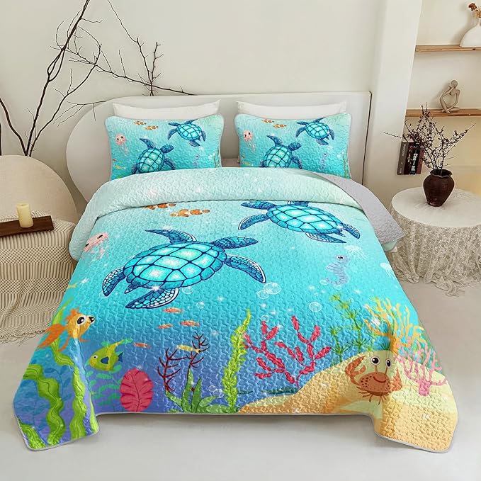 Coastal Turtle Quilts Bedding Set Full Size 3Pcs Ocean Watercolor Sea Turtle Quilt Bed Set Beach Nautical Sea Animal Reptile Bedspreads Coverlet with 2 Pillowcases for All Season Kids Room Decor