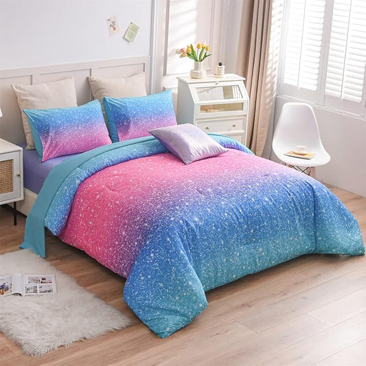 A Nice Night 6Pcs Gradient Glitter Bedding Set for Girls Full Size, Colorful Rainbow Galaxy Comforter Set, Ultra Soft Bedding Sets, Blue