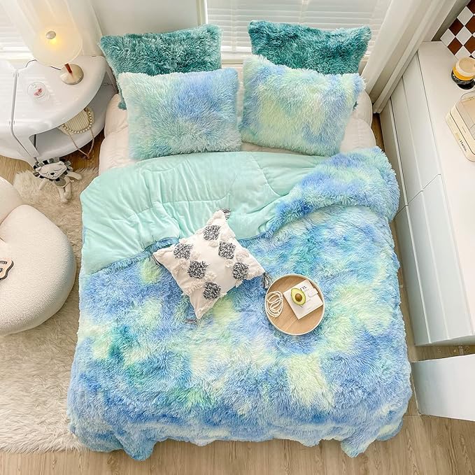Wajade Faux Fur Plush Tie Dye Blue Green Comforter Set Fluffy Fuzzy Shaggy Bedding Set - 3PC Full/Queen Microfiber Soft Warm Quilt Set