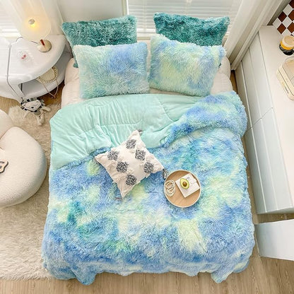 Wajade Faux Fur Plush Tie Dye Blue Green Comforter Set Fluffy Fuzzy Shaggy Bedding Set - 3PC Full/Queen Microfiber Soft Warm Quilt Set