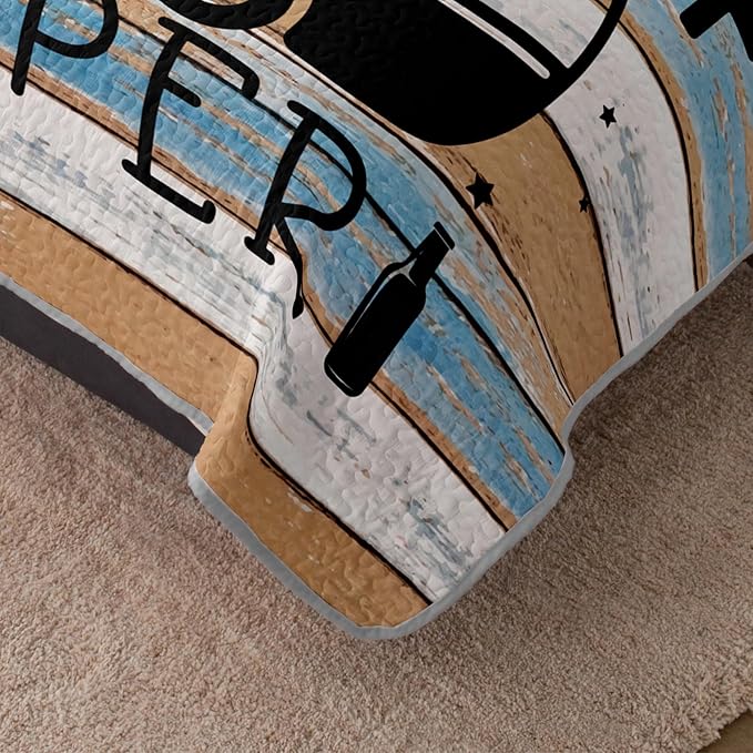 HOSIMA Vintage Camper King Quilt Set,Lightweight Bedding Set Camping Travel Trailer Printed Quilt for Camper Decor,Happy Camping Themed Bedding with 2 Pillowcases.