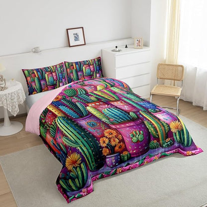 3D Cactus Comforter Set King Size Western Bohemia Rustic Bedding Set Bedroom Decor Tropical Nature Botancial Quilt Set for Kids Boys Girls Exotic Tribal Style Duvet Insert 3Pcs