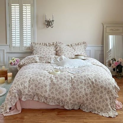 BuLuTu Gauze Cotton Floral Duvet Cover Full, Vintage Floral Pattern Comforter Cover Teens Girls Quilt Cover Full with Ruffles, Ultra Soft Breathable Bedding Set, Pink Poeny Pattern