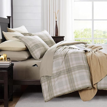 MaiRêve Plaid Queen Comforter Sets, Khaki Green Grid Farmhouse Bedding Set Bed in A Bag, Classic Checkered Comforter Sets with Fitted & Flat Sheet, Pillowcases & Shams 90"x90"