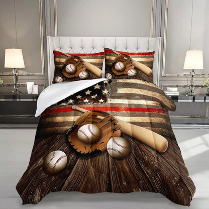 HOSIMA American Flag Baseball Bedding Set, Brown Sports Theme Baseball Comforter Set,Stars and Stripes Softball Quilt Set with 2 Pillowcases for Boys Room Decor,Full Size Comforter Sets for Teens.