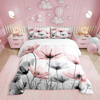 Erosebridal Cute Pink Floral Full Bedding Set,Pink and Gray Flower Comforter Set for Kids Girls Women,Boho Wildflower Quilt,Farmhouse Flowers Bedroom Decor with 2 Pillowcases,Breathable