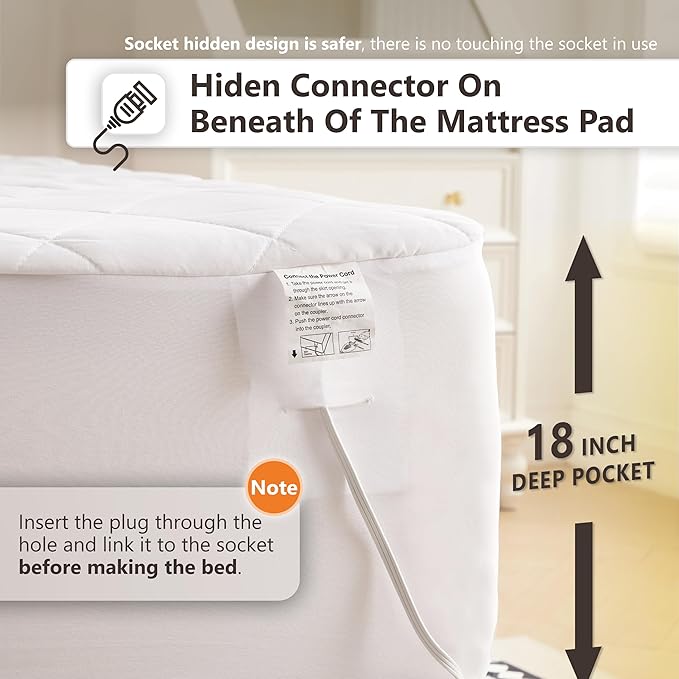 Wapaneus Diamond Qquilted Heated Mattress Pad Full Size 10 Heat Settings with 1-12 Hours Timer Auto Off,Deep Pocket Fits up to 18",Microfiber Bed Warmer,ETL Listed Machine Washable,54"x75"