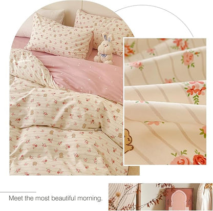 AOJIM Aesthetic Striped Duvet Cover Set with Floral and Rabbit Pattern, 1 Cotton Comforter Cover and 2 Pillowcases, Soft Durable Kids Duvet Cover Twin Size, Pink Bedding for Room Decor, No Comforter