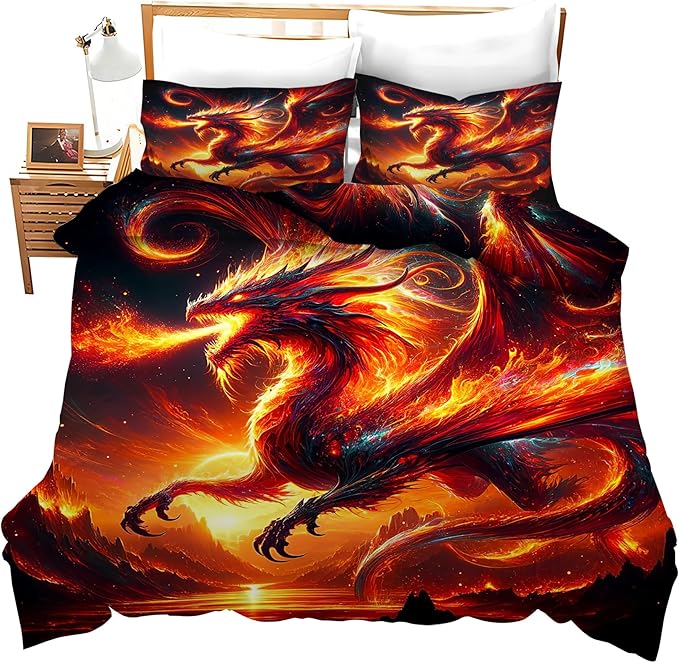 Dragon Bedding Set 3 Pieces Full Size Flame Dragon Duvet Cover Comforter Cover Sets with 2 Pillowcases for Boys Girls Teens Men Women
