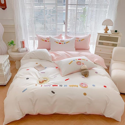MorroMorn Cotton Duvet Cover Queen Size, 3D Embroidery Queen Bedding Sets All Seasons, Cute Chenille Embroidered Comforter Covers Soft Sweat-Absorbent for Girls Kids Teen (Donut White, Full/Queen)