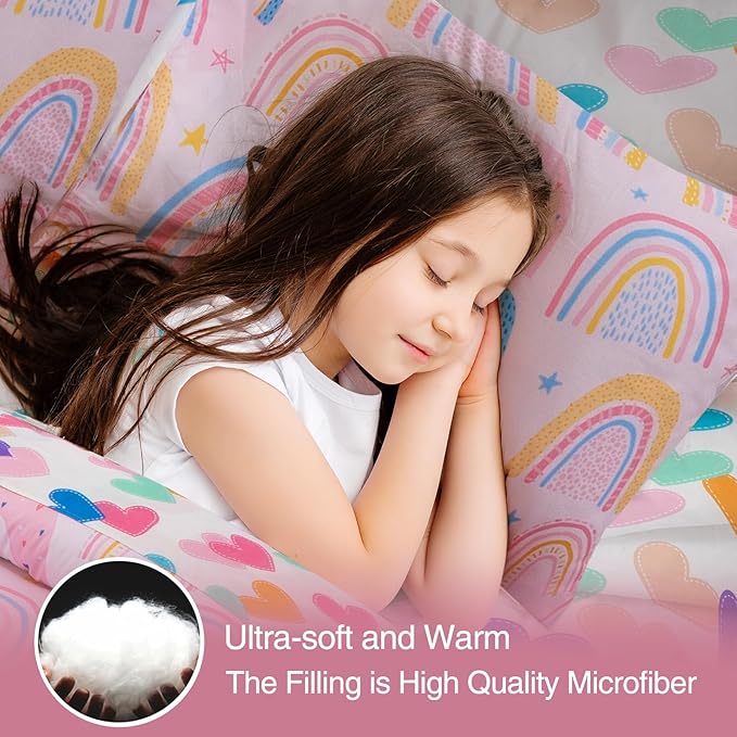 A Nice Night Lightweight Soft Cartoon Rainbow 6Pcs Full Comforter Sets, Love Hearts Printed Bedding Set for Boys Girls,Pink
