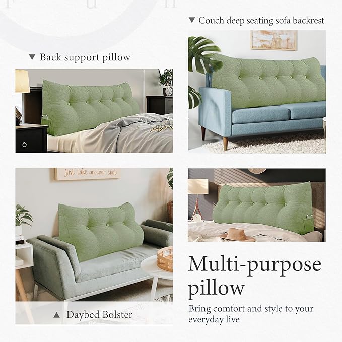 11 lbs Thickened Headboard Pillow Wedge Pillow Headboard Reading Pillow Bed for Comfortable Backrest Reading Triangular Pillow with Side Pocket for Sitting in Bed Cotton Linen Green Queen
