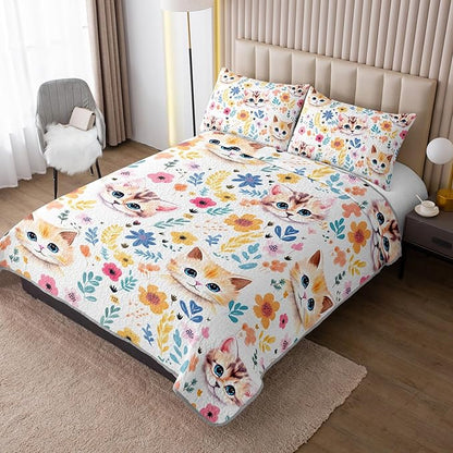 Kawaii Cat Quilt Set,Orange Cat Flowers Pattern Bed Set for Toddler Kids Girls Room Decor,Cute Bedding Queen Quilted Sets with 2 Pillowcases.