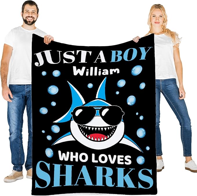 Custom Just A Boy Who Loves Sharks Blankets Gifts for Kids Adult On Bed Sofa,Personalized Premium Flannel Blankets for Birthday Christmas Thanksgiving All Season Use 40''x 50'' -S