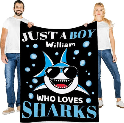 Custom Just A Boy Who Loves Sharks Blankets Gifts for Kids Adult On Bed Sofa,Personalized Premium Flannel Blankets for Birthday Christmas Thanksgiving All Season Use 40''x 50'' -S